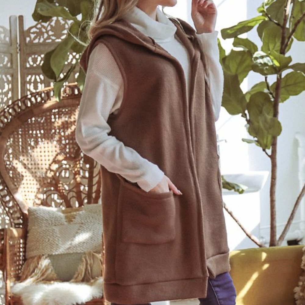Mocha Hooded Open Longline Vest - Picture 3 of 3